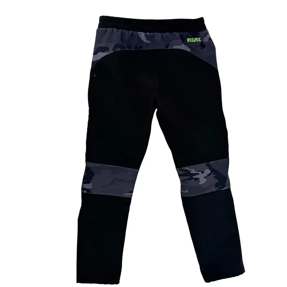 WULFUL Kids Waterproof Snow Pants Boys Sz 8-9 Black Gray Camo Fleece Lined